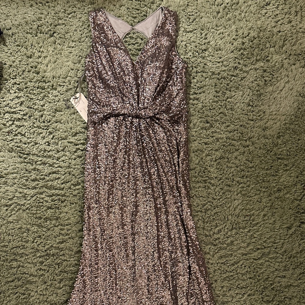 NWT Franssical Silver Sequin Gown with Back Cut Out Size 6 - Picture 5 of 11